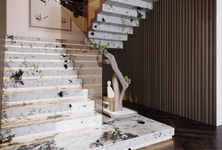 Cầu thang đá thạch anh vân mây tạo điểm nhấn tinh tế