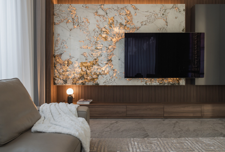 Tường phòng khách ốp đá thạch anh vân mây cao cấp