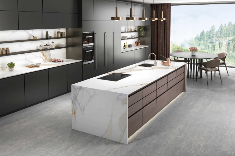Gạch khổ lớn vân đá cho khu vực bếp hiện đại