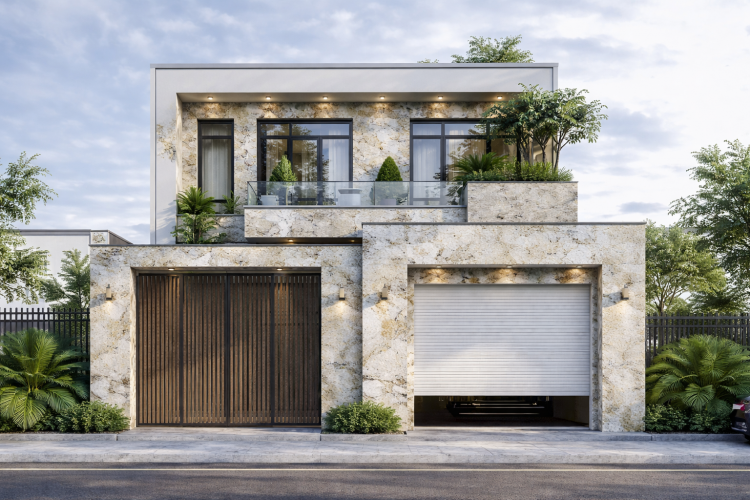 Mặt tiền nhà ốp đá hoa cương màu xám mang phong cách hiện đại, tinh gọn