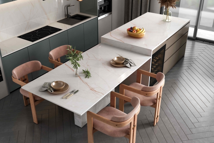 Bàn đảo bếp sang trọng với đá nung kết vân marble