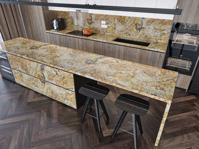 Mặt bếp đá Solarius chống thấm, chịu nhiệt tốt, dễ vệ sinh và giữ được vẻ đẹp lâu dài.