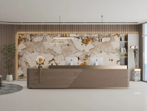 Đá nung kết mang đến vẻ đẹp đẳng cấp, đồng bộ cho showroom, khách sạn, nhà hàng và các không gian thương mại cao cấp.