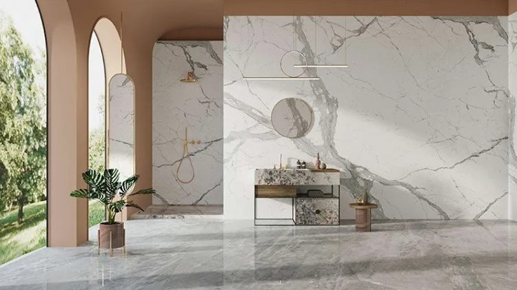 Giải pháp ốp tường sang trọng, khổ đá lớn hạn chế mạch nối, tạo chiều sâu thẩm mỹ và dễ dàng vệ sinh trong quá trình sử dụng.