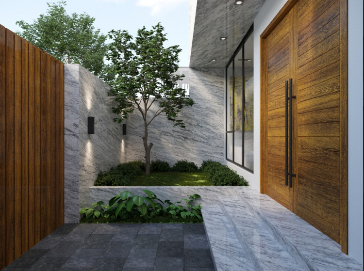 Mặt tiền nhà ốp đá hoa cương trắng giúp không gian sáng và rộng hơn