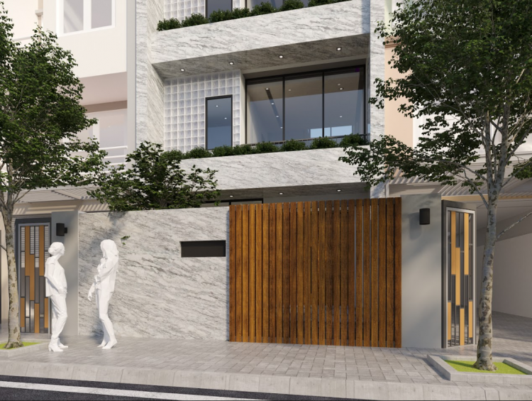 Mẫu mặt tiền đá trắng thanh lịch, phù hợp biệt thự và nhà phong cách tối giản